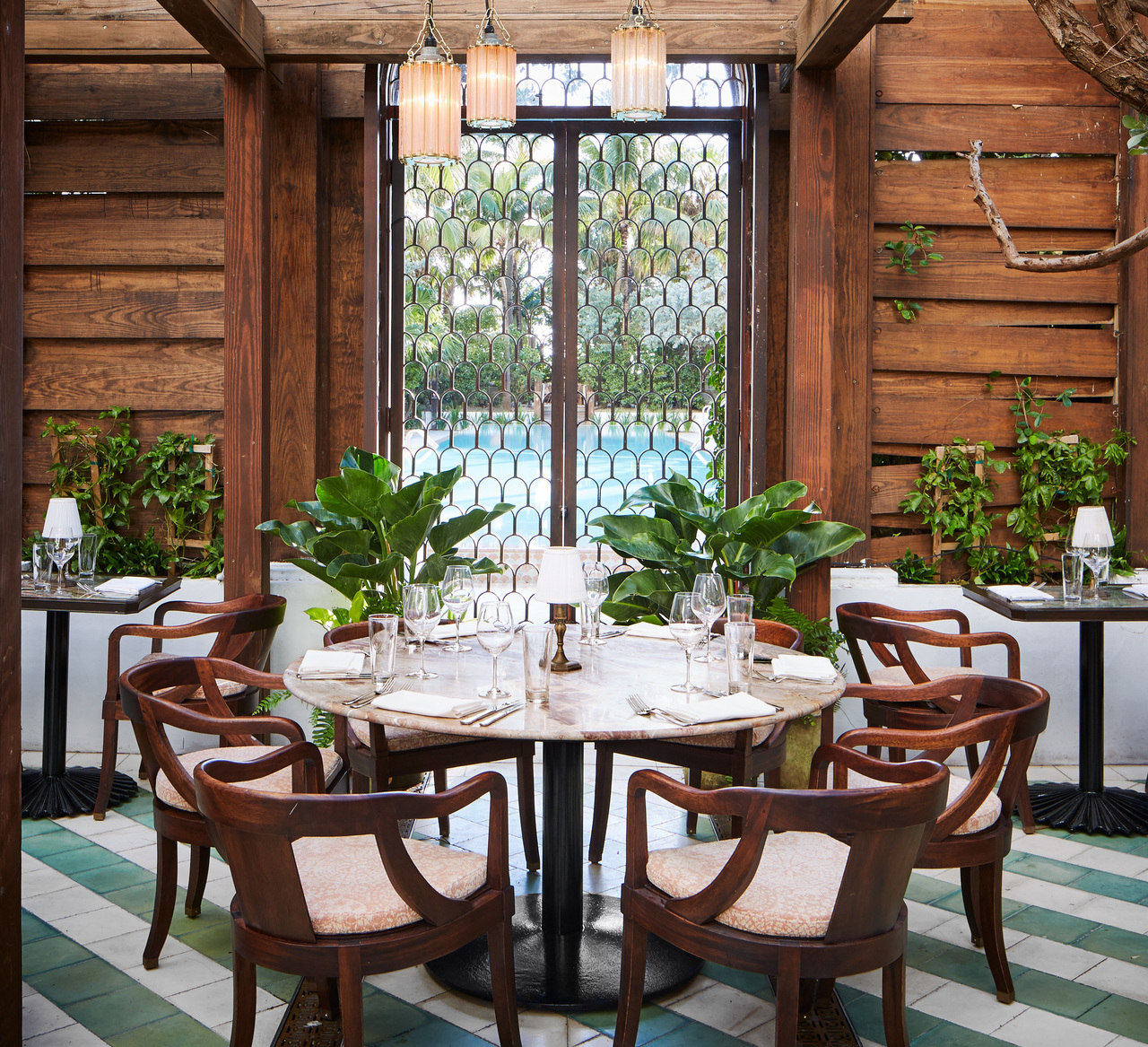 Wooden dining table, chairs and potted plants